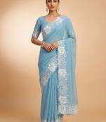 Women sky blue embroidered candy crush saree