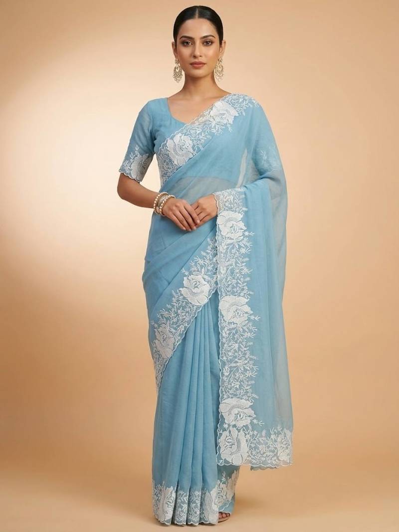Women sky blue embroidered candy crush saree