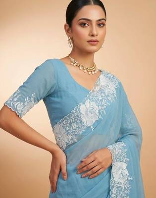 Women sky blue embroidered candy crush saree 2