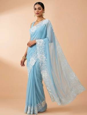 Women sky blue embroidered candy crush saree 4