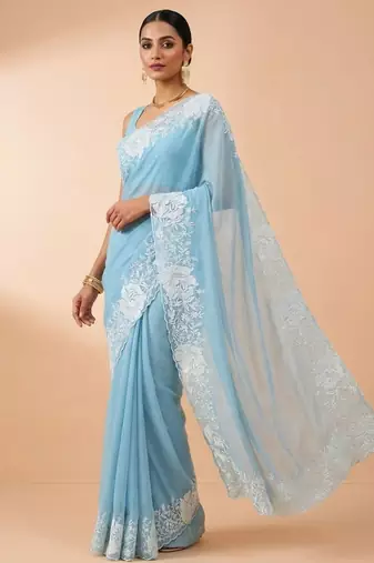 Women sky blue embroidered candy crush saree