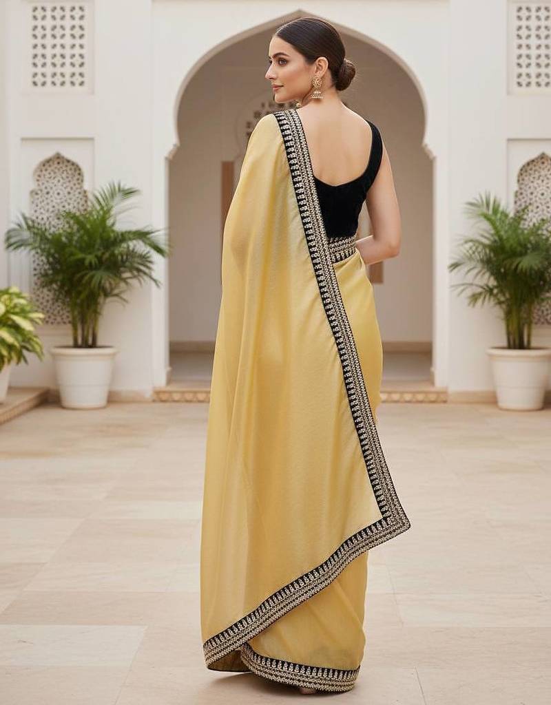Women yellow embroidered soft twill net saree