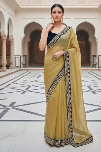 Women yellow embroidered soft twill net saree