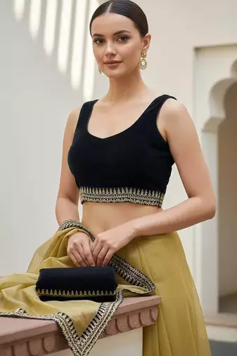Women yellow embroidered soft twill net saree