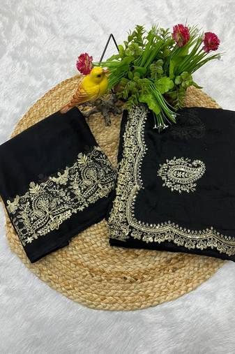 Women black embroidered rangoli crush silk saree