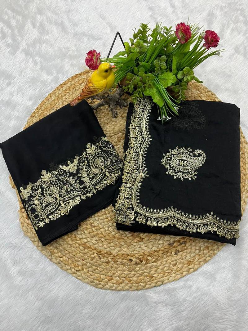 Women black embroidered rangoli crush silk saree