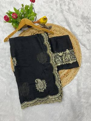 Women black embroidered rangoli crush silk blend saree 2