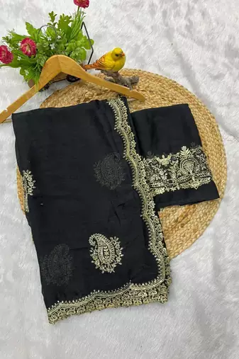 Women black embroidered rangoli crush silk saree