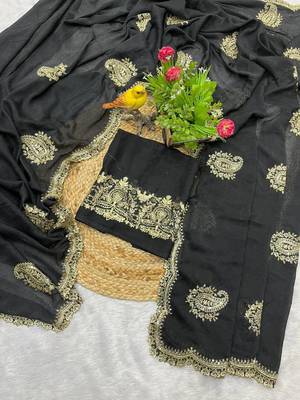 Women black embroidered rangoli crush silk blend saree 3