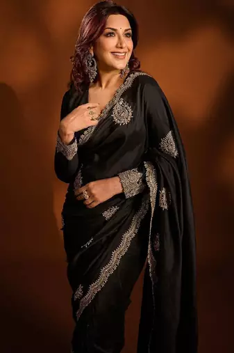 Women black embroidered rangoli crush silk saree