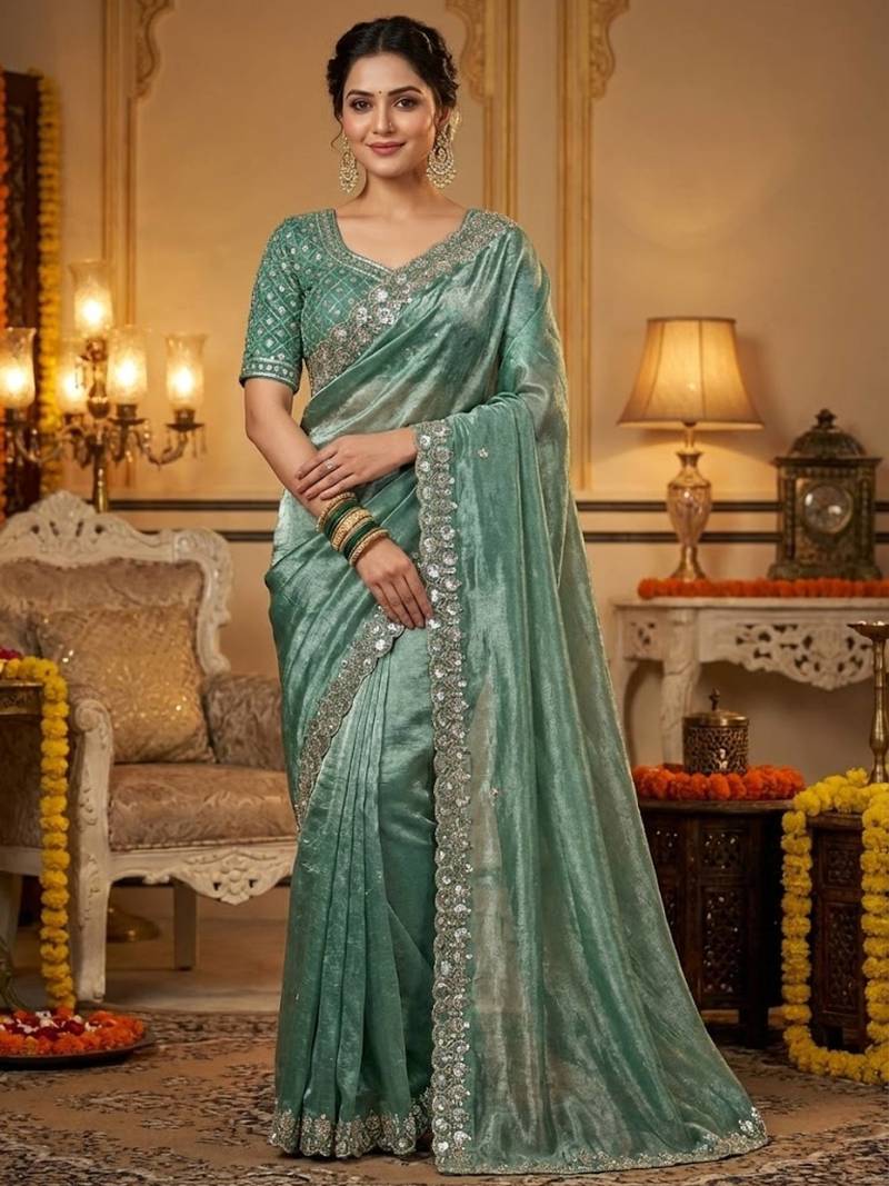 Women green embroidered fandy satin silk saree