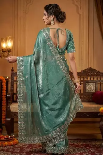 Women green embroidered fandy satin silk saree