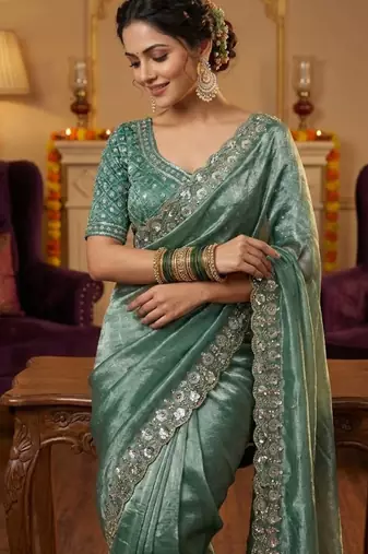 Women green embroidered fandy satin silk saree