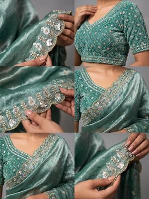 Women green embroidered fandy satin silk blend saree 4