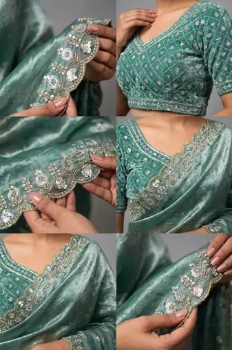 Women green embroidered fandy satin silk saree