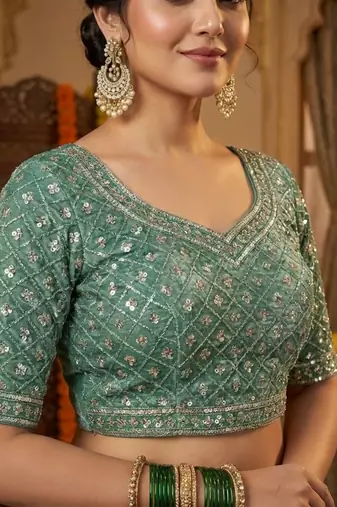 Women green embroidered fandy satin silk saree