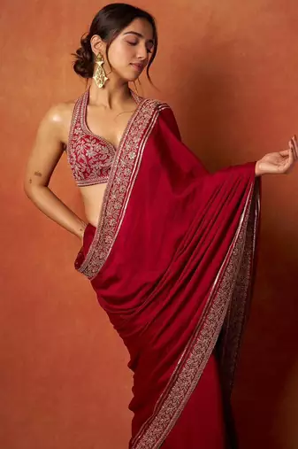 Women red embroidered fandy satin silk saree