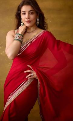 Women red embroidered fandy satin silk blend saree 3