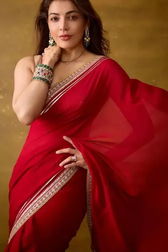 Women red embroidered fandy satin silk saree