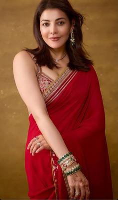 Women red embroidered fandy satin silk blend saree 5