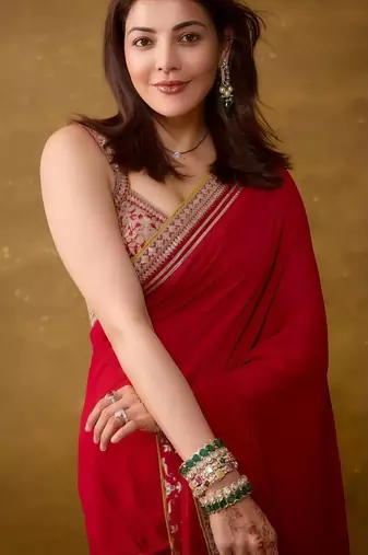 Women red embroidered fandy satin silk saree