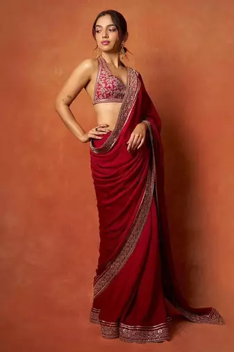 Women red embroidered fandy satin silk saree