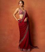 Women red embroidered fandy satin silk saree