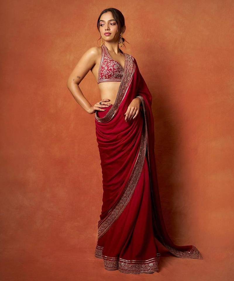 Women red embroidered fandy satin silk saree