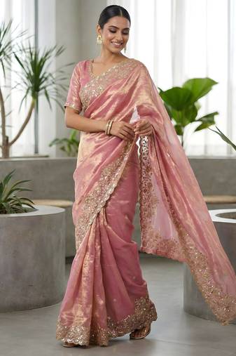 Women pink embroidered fandy satin silk saree