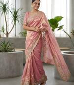 Women pink embroidered fandy satin silk blend saree