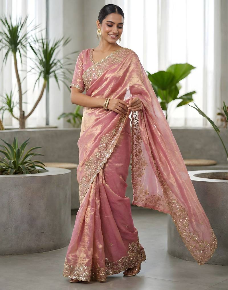 Women pink embroidered fandy satin silk saree