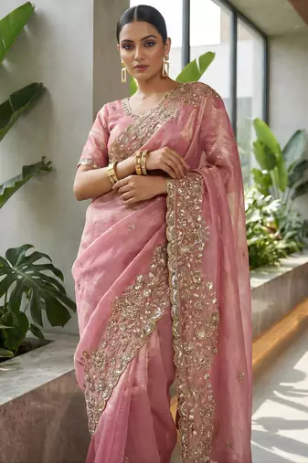 Women pink embroidered fandy satin silk saree