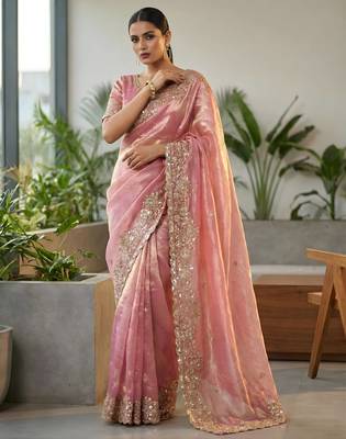 Women pink embroidered fandy satin silk blend saree 3