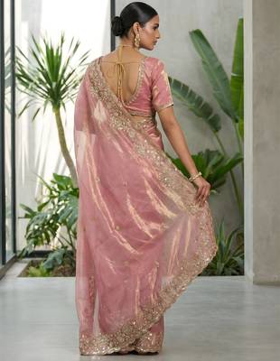 Women pink embroidered fandy satin silk blend saree 4