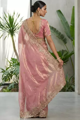 Women pink embroidered fandy satin silk saree