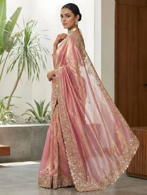 Women pink embroidered fandy satin silk blend saree 5