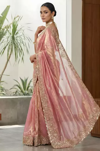 Women pink embroidered fandy satin silk saree