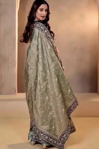 Women mehndi embroidered soft mocha silk saree