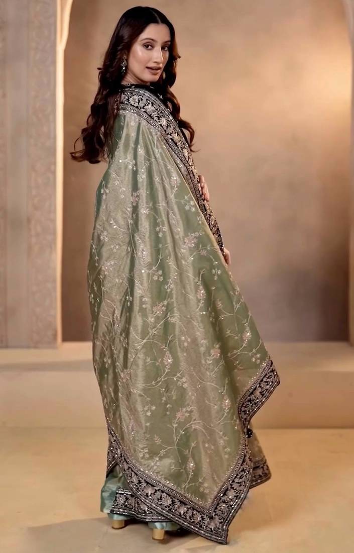 Women mehndi embroidered soft mocha silk saree