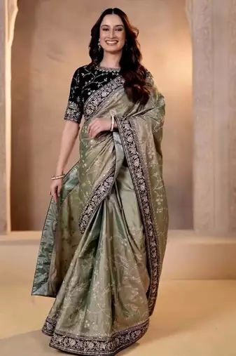 Women mehndi embroidered soft mocha silk blend saree