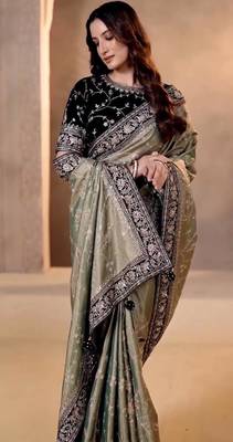 Women mehndi embroidered soft mocha silk blend saree 5