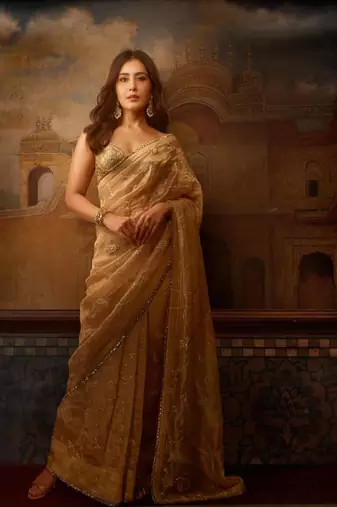 Women beige embroidered rose gold silk saree