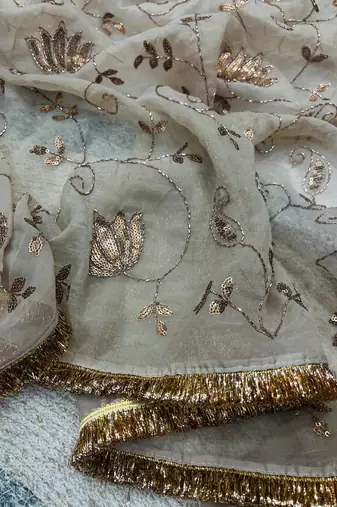 Women beige embroidered rose gold silk saree