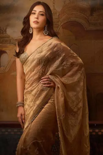 Women beige embroidered rose gold silk saree