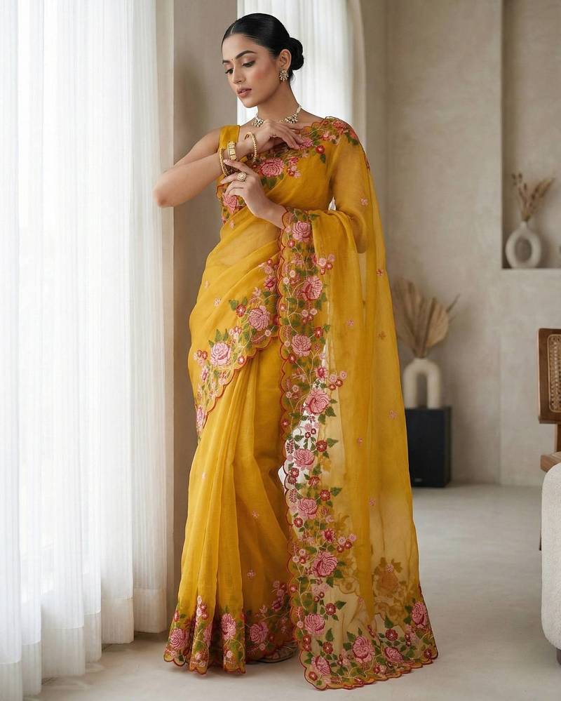 Women yellow embroidered candy crush saree