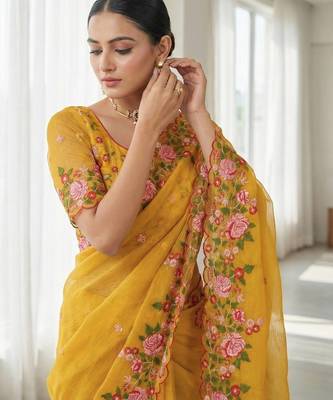 Women yellow embroidered candy crush saree 3