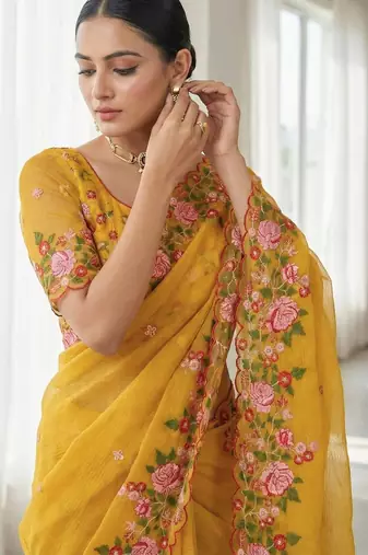 Women yellow embroidered candy crush saree