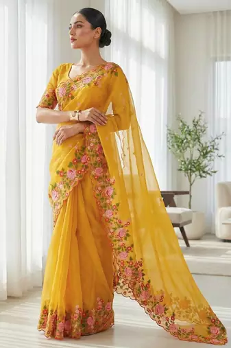 Women yellow embroidered candy crush saree