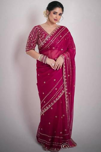 Women red embroidered fandy satin silk saree