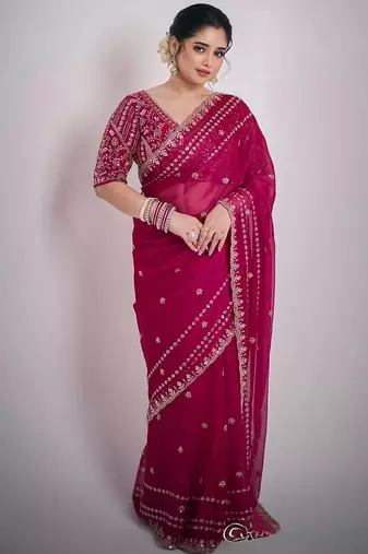 Women red embroidered fandy satin silk saree